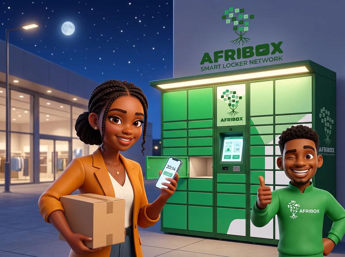 Aya, souriante, son colis dans les bras devant un casier Afribox