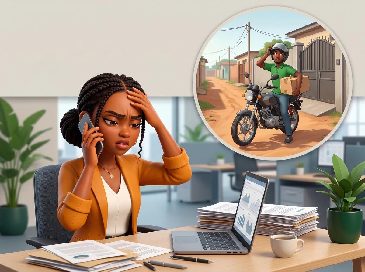 Aya, au bureau, au téléphone avec un livreur perdu qui cherche son adresse