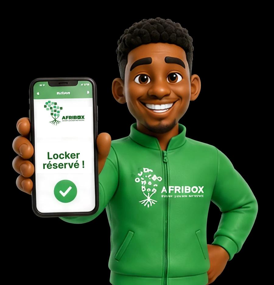 Locky, la mascotte Afribox, présentant une réservation de locker confirmée